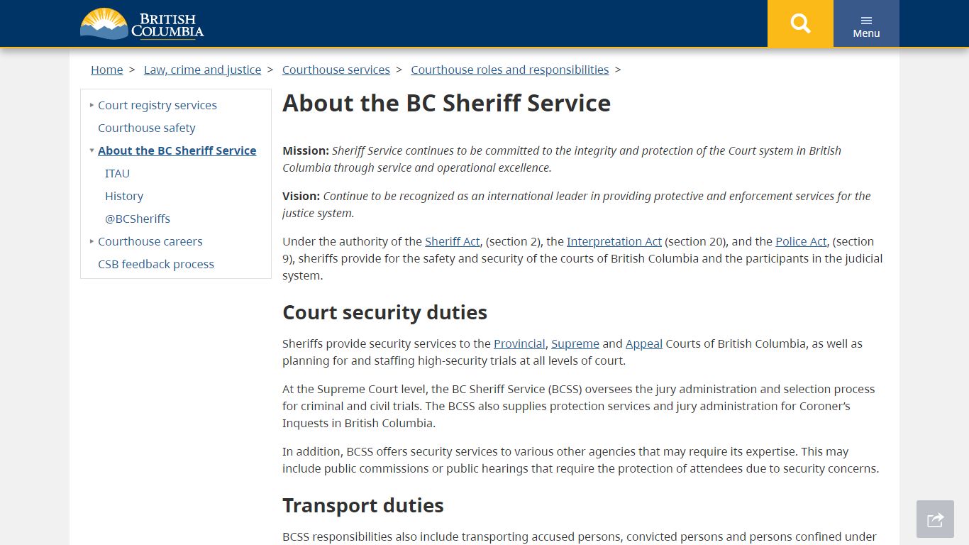 About the BC Sheriff Service - Province of British Columbia